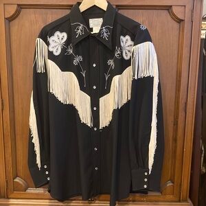 USA Vtg H Bar C Texas Black Western Men's Shirt 17.5 Rockabilly Rodeo Peal Taos
